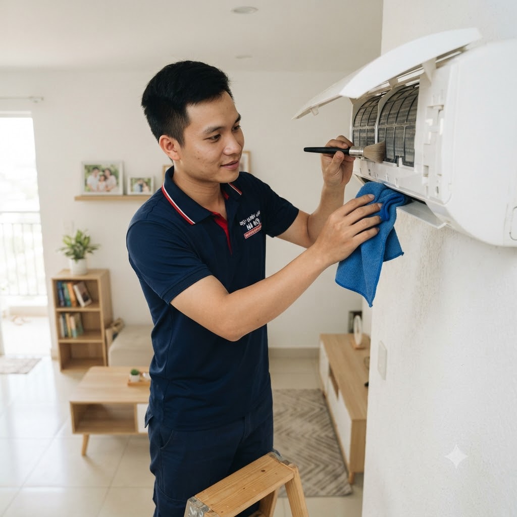 Kỹ thuật viên bảo dưỡng máy lạnh tại nhà cẩn thận tỉ mỉ