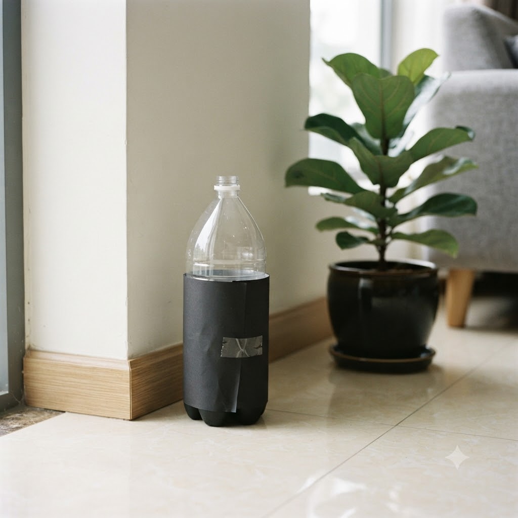 Bẫy muỗi sinh học tự chế bằng chai nhựa và nước đường men nở đặt ở góc phòng