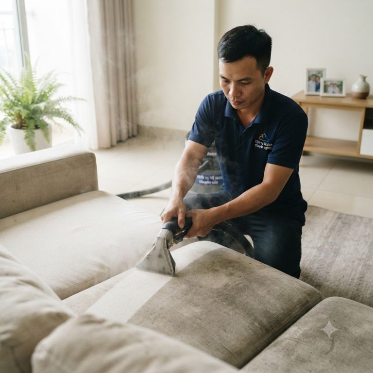 Kỹ thuật viên giặt ghế sofa nệm tại nhà bằng máy phun hút hơi nước