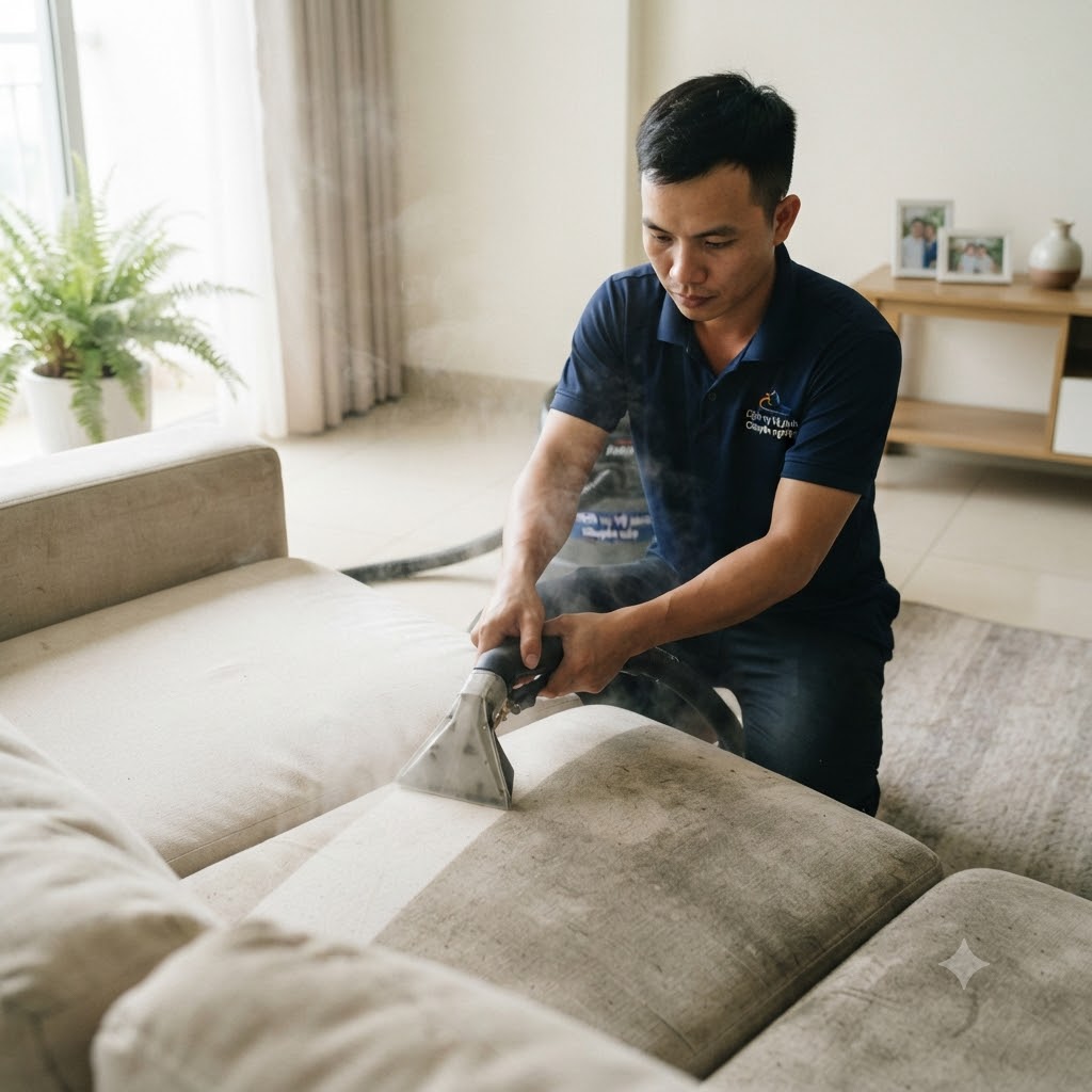 Kỹ thuật viên giặt ghế sofa nệm tại nhà bằng máy phun hút hơi nước