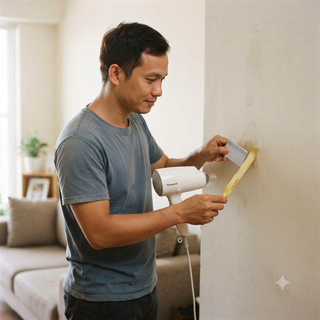 Dùng nhiệt làm mềm lớp băng keo dính lâu ngày trên tường