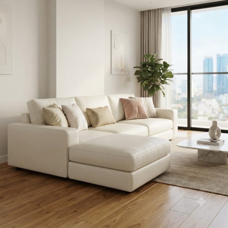 Ghế sofa da màu kem trắng sáng bóng sau khi làm sạch chuyên sâu