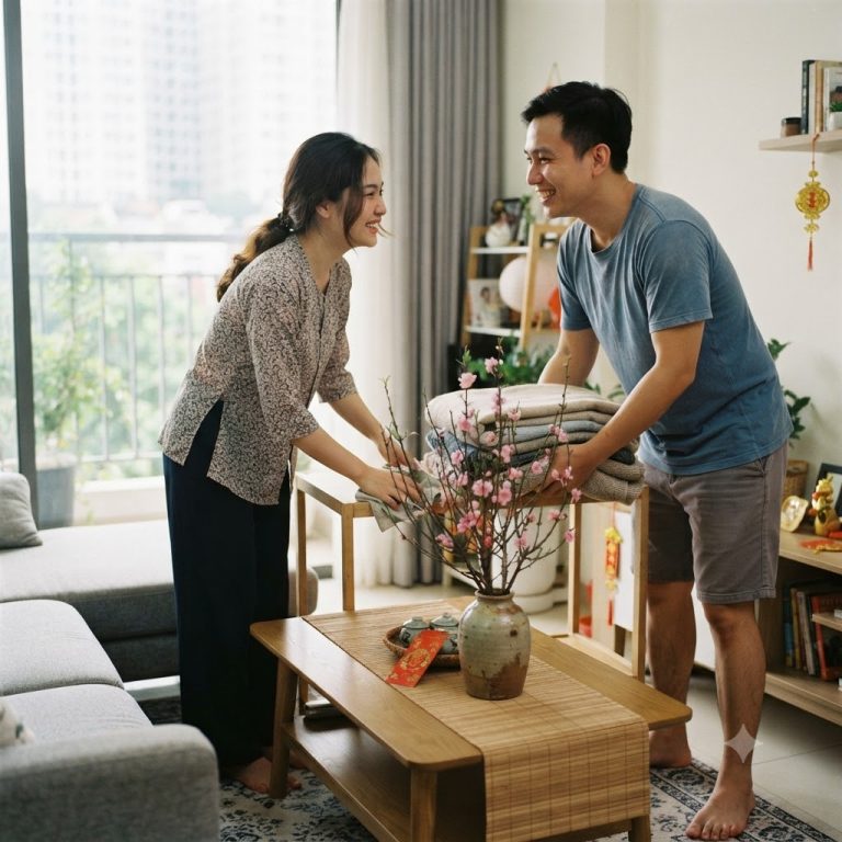 Gia đình sum vầy cùng nhau dọn dẹp nhà cửa gọn gàng đón Tết