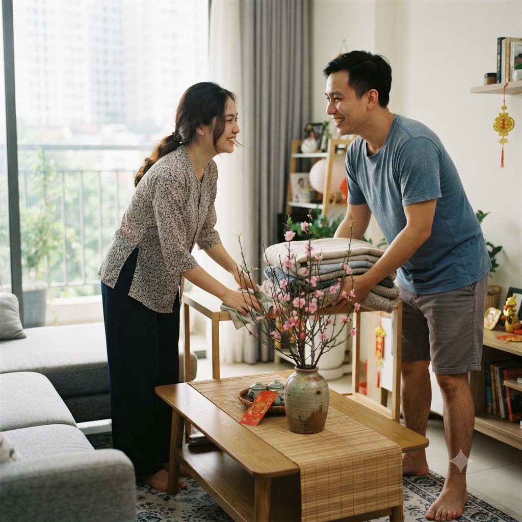 Gia đình sum vầy cùng nhau dọn dẹp nhà cửa gọn gàng đón Tết
