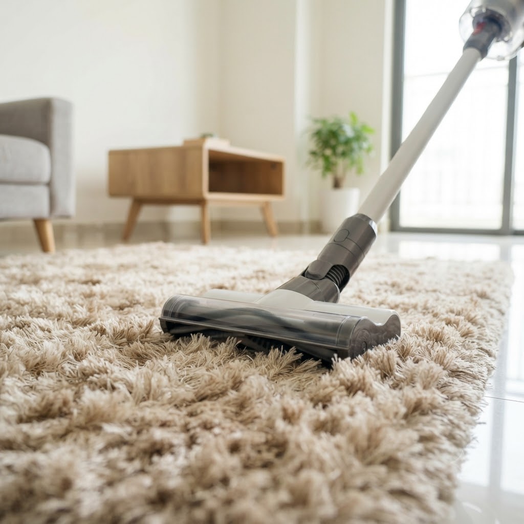 Vệ sinh làm sạch thảm lông phòng khách bằng đầu hút chân không chuyên dụng