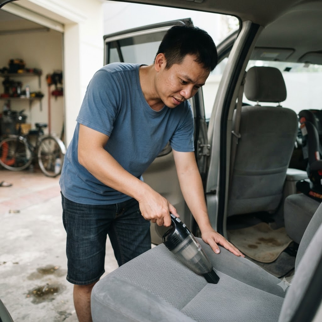 Hút bụi và vệ sinh ghế nỉ xe hơi ô tô tại nhà