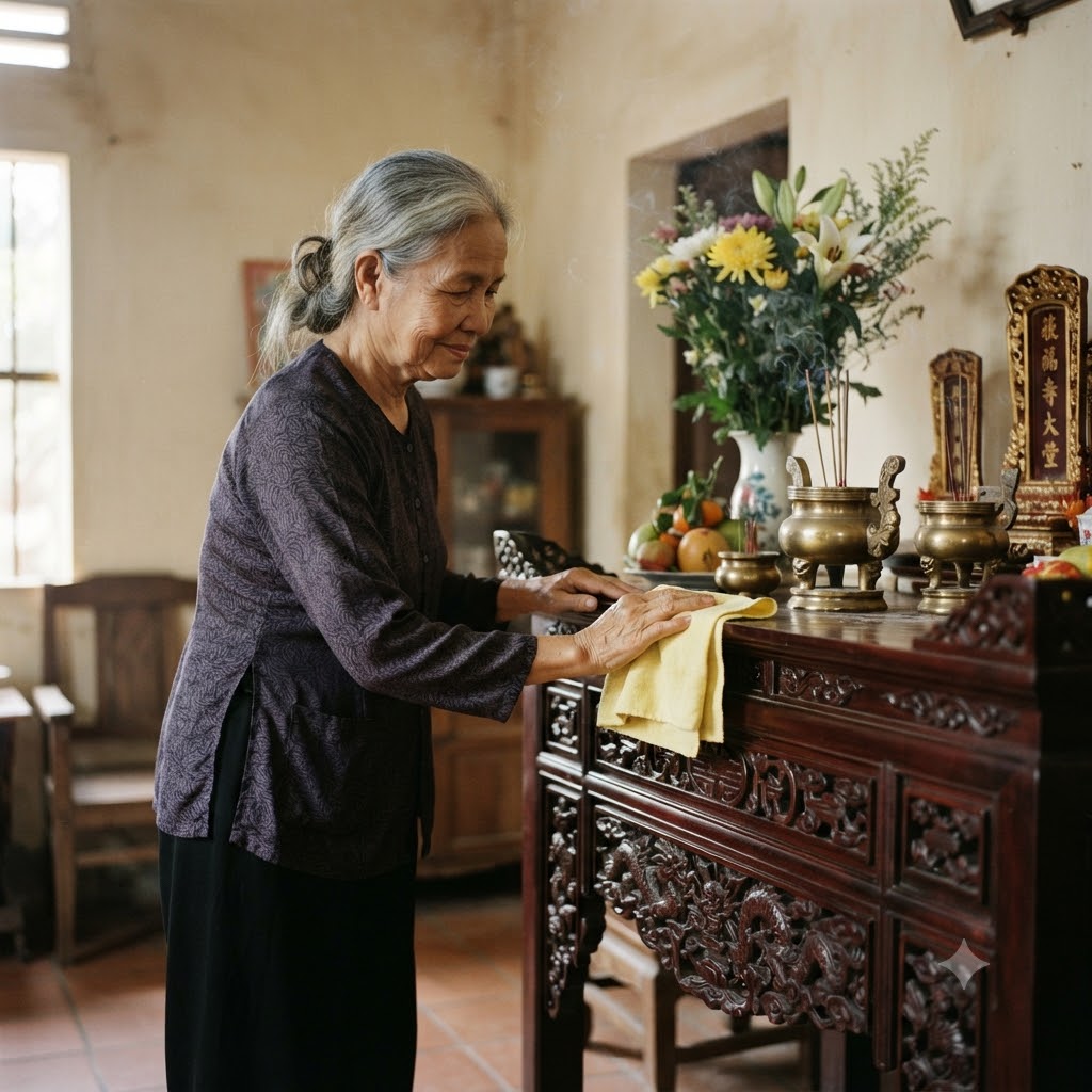 Bao sái lau dọn bàn thờ gia tiên trang nghiêm sạch sẽ đón Tết