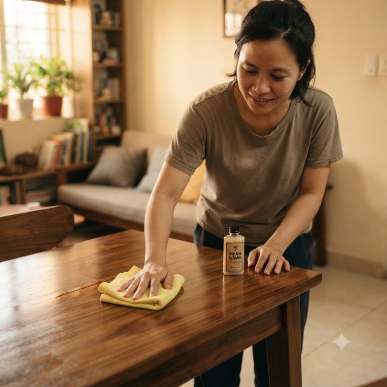 Lau sạch vết ố trên mặt bàn gỗ tự nhiên bằng khăn mềm