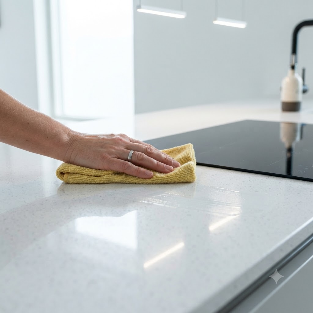 Lau sạch vết ố vàng trên mặt bàn đá nhân tạo trắng bằng khăn vi sợi