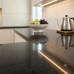 Mặt bàn đá bếp hoa cương sáng bóng phản chiếu ánh đèn