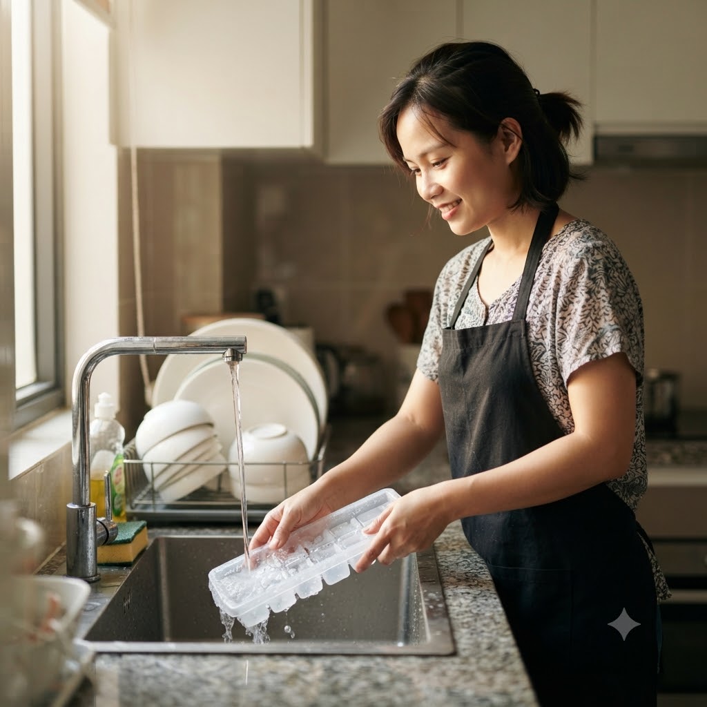 Rửa sạch khay đá tủ lạnh tại bồn rửa bát