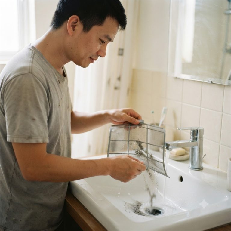 Rửa sạch bụi bám trên tấm lưới lọc máy lạnh dưới vòi nước