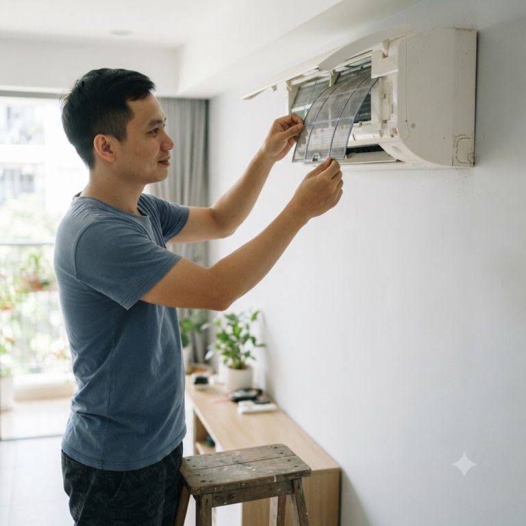 Thao tác tháo lưới lọc máy lạnh nhẹ nhàng đúng khớp