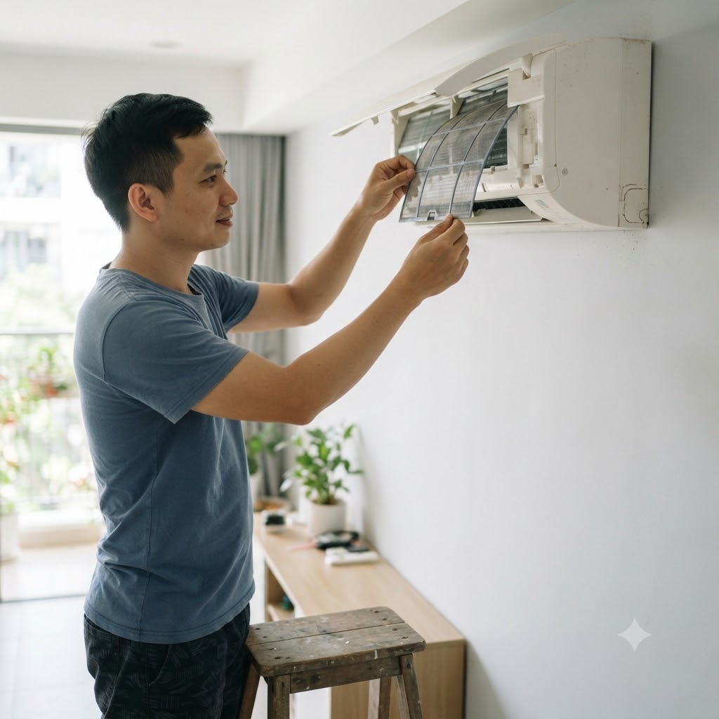 Thao tác tháo lưới lọc máy lạnh nhẹ nhàng đúng khớp