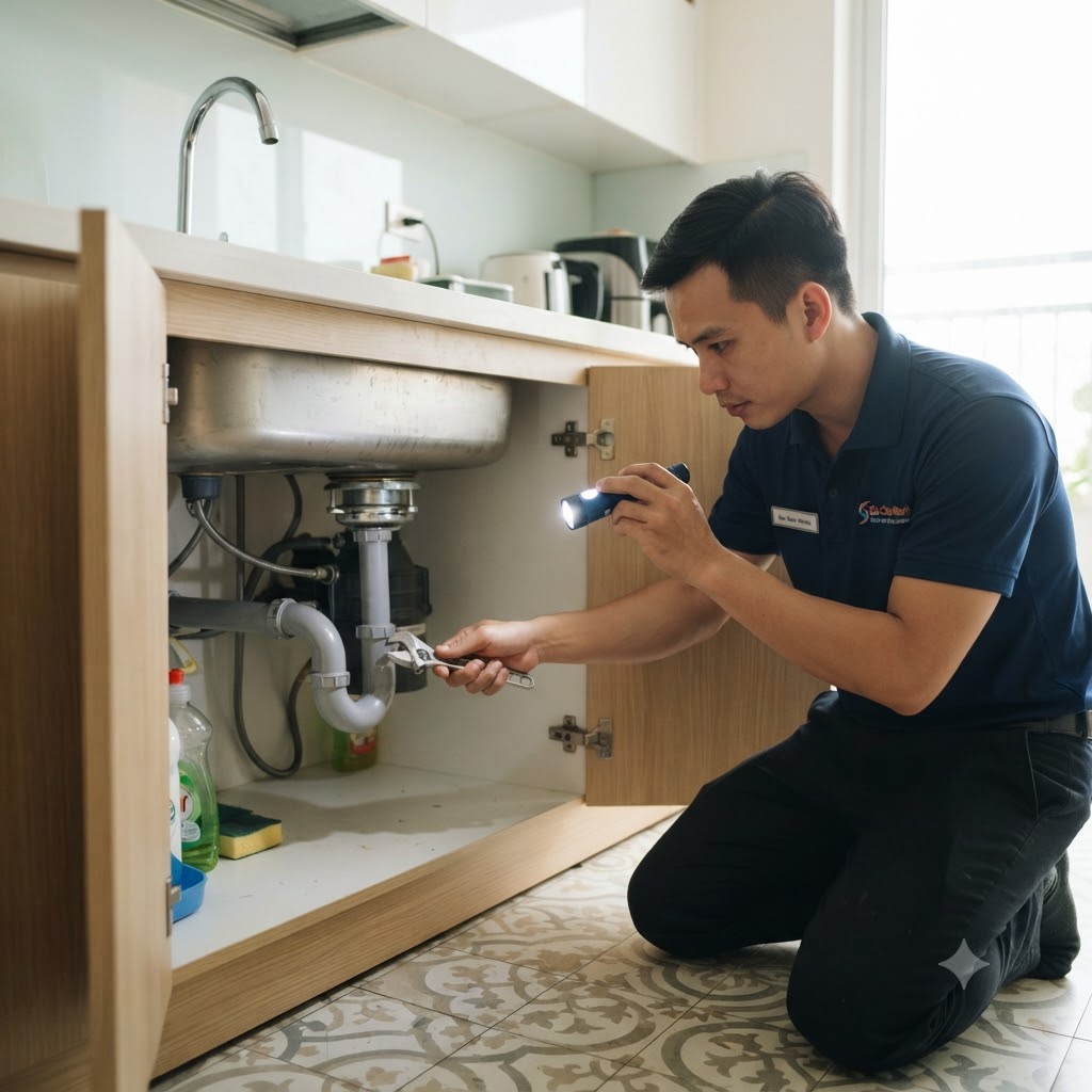 Thợ kỹ thuật kiểm tra và xử lý thông tắc chậu rửa bát tại nhà