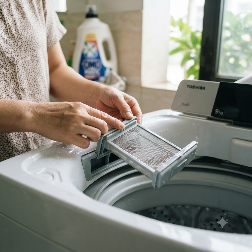 Làm sạch hộp lọc xơ vải máy giặt Toshiba